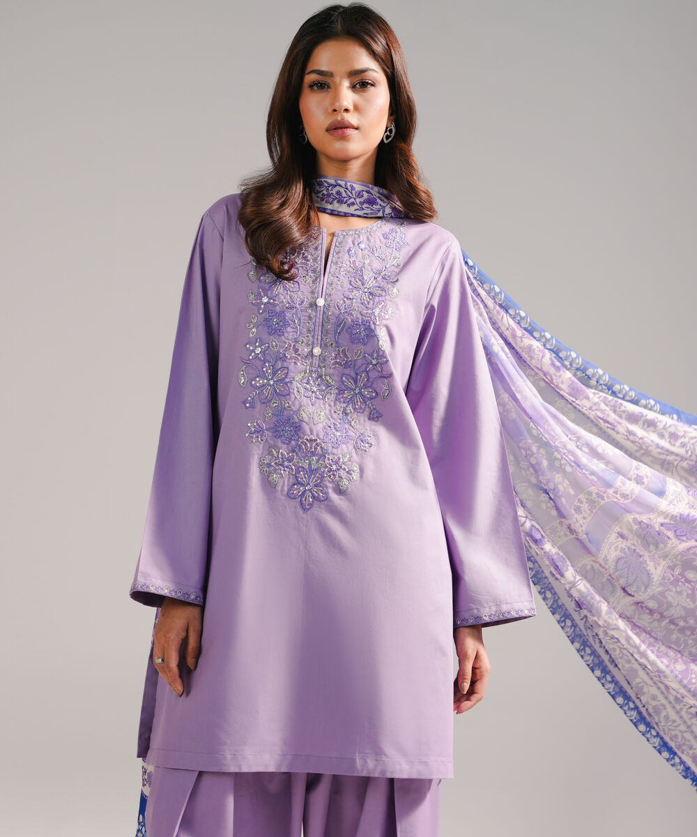 Women's RTW Lawn Embroidered Lavender 3 Piece Suit