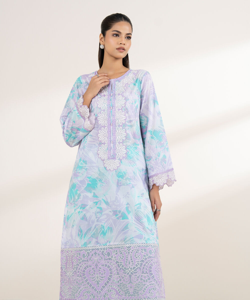 Women's RTW Lawn Purple Embroidered A-Line Shirt