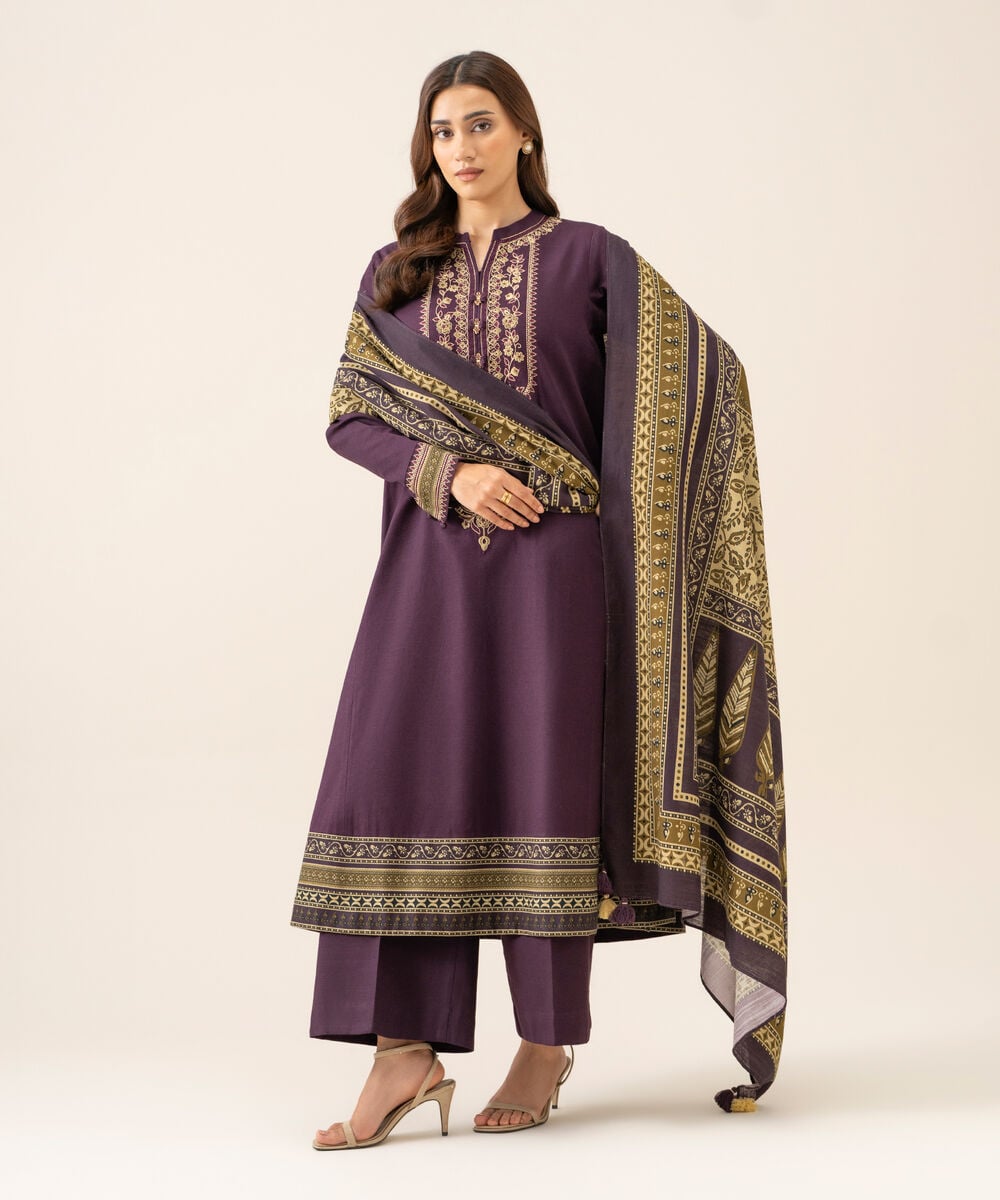 Women's Unstitched Light Khaddar Embroidered Plum 3 Piece Suit
