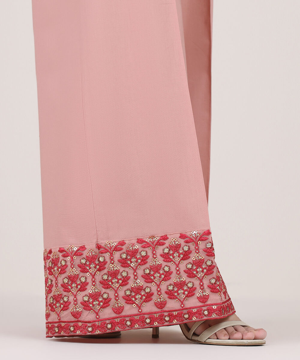 Women's RTW Cambric Pink Embroidered Flared Pants
