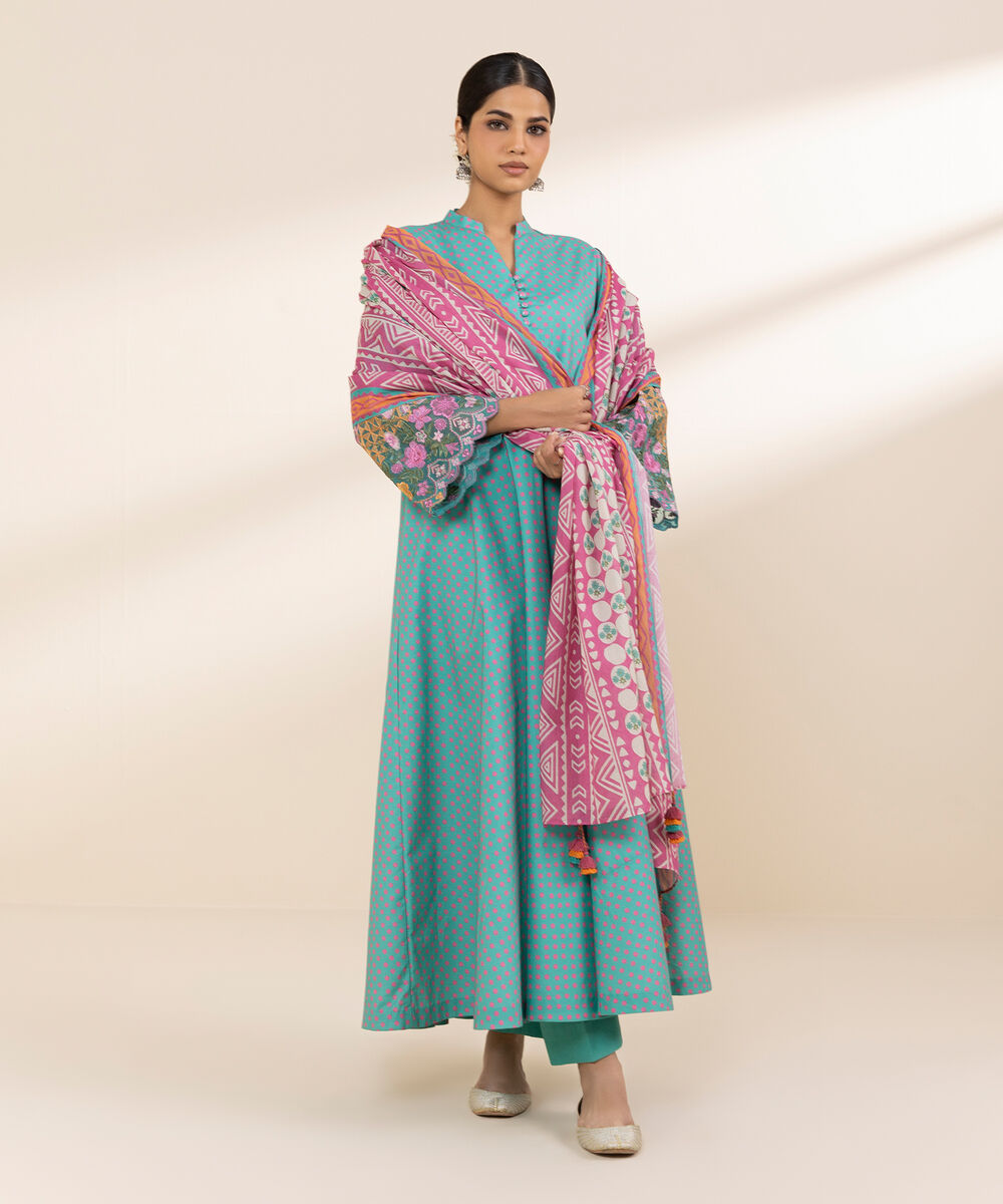 Women's Unstitched Lawn Embroidered Blue 3 Piece Suit