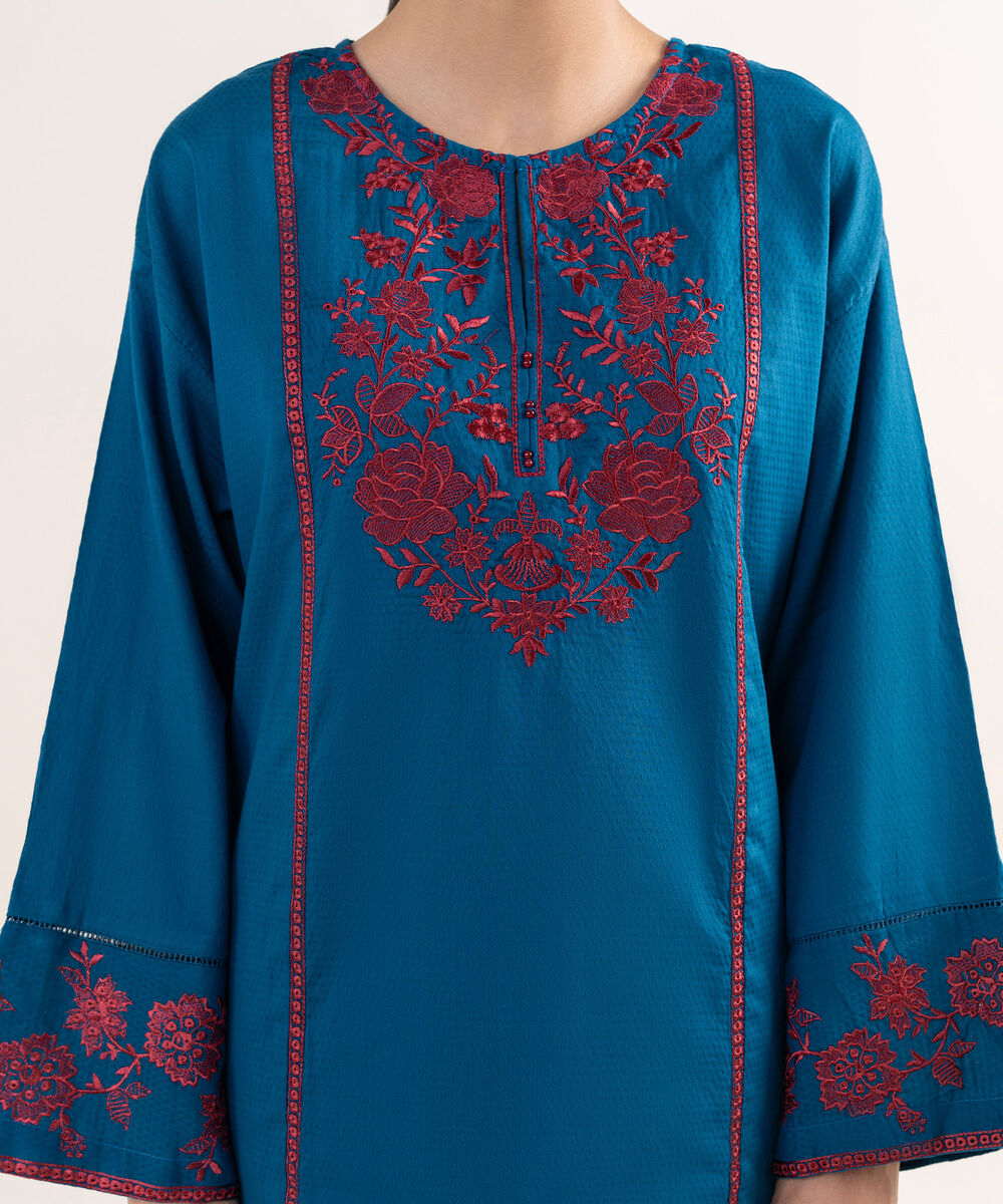 Women's RTW Textured Lawn Blue Embroidered Straight Shirt
