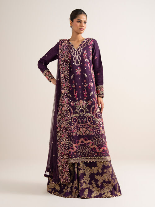3 Piece - Embroidered Raw Silk Suit