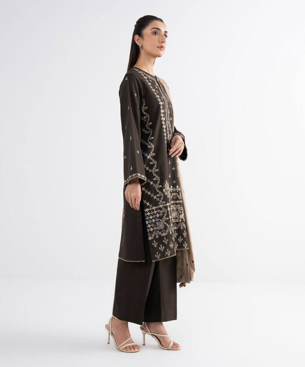 Women's Unstitched Cross Hatch Embroidered Brown 3 Piece Suit