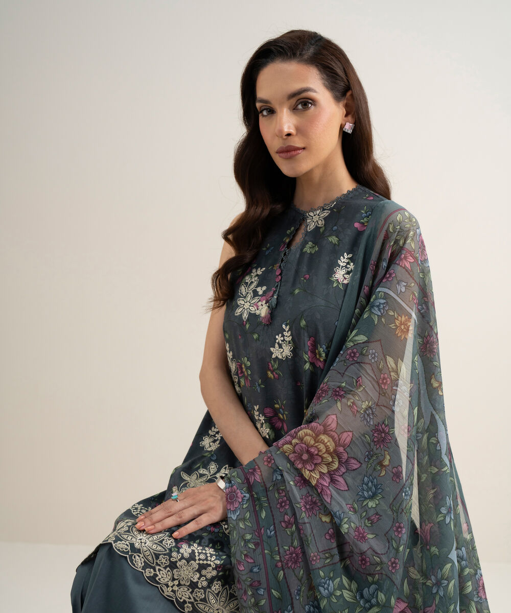 Women's Unstitched Lawn Embroidered Grey 3 Piece Suit