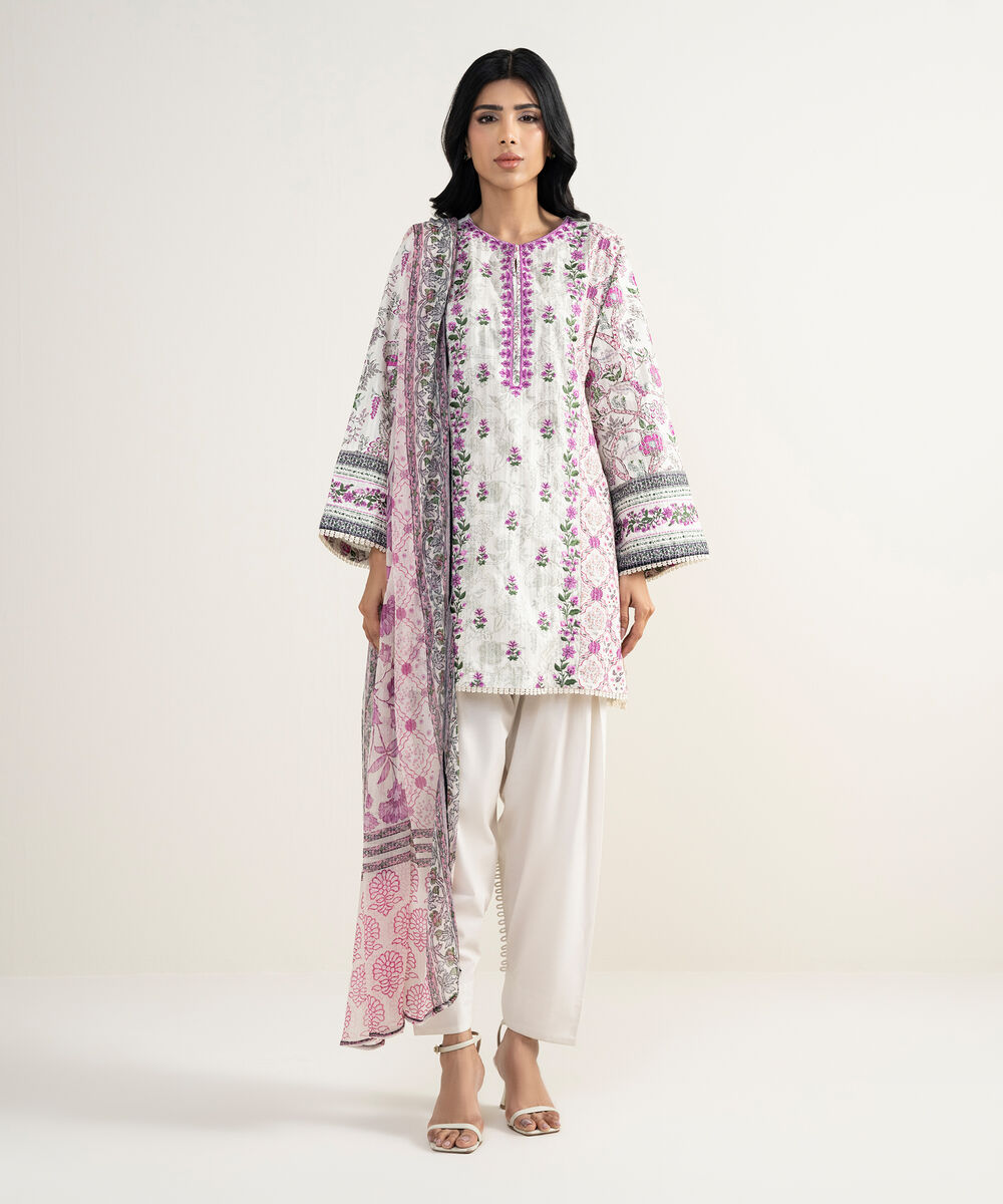 Women's RTW Dobby Embroidered Off White 3 Piece Suit