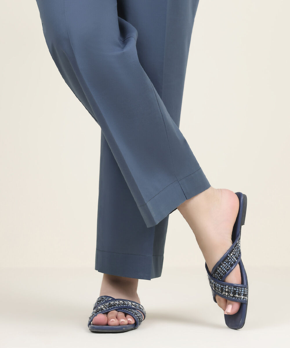 Women's RTW Cambric Blue Solid Straight Pants