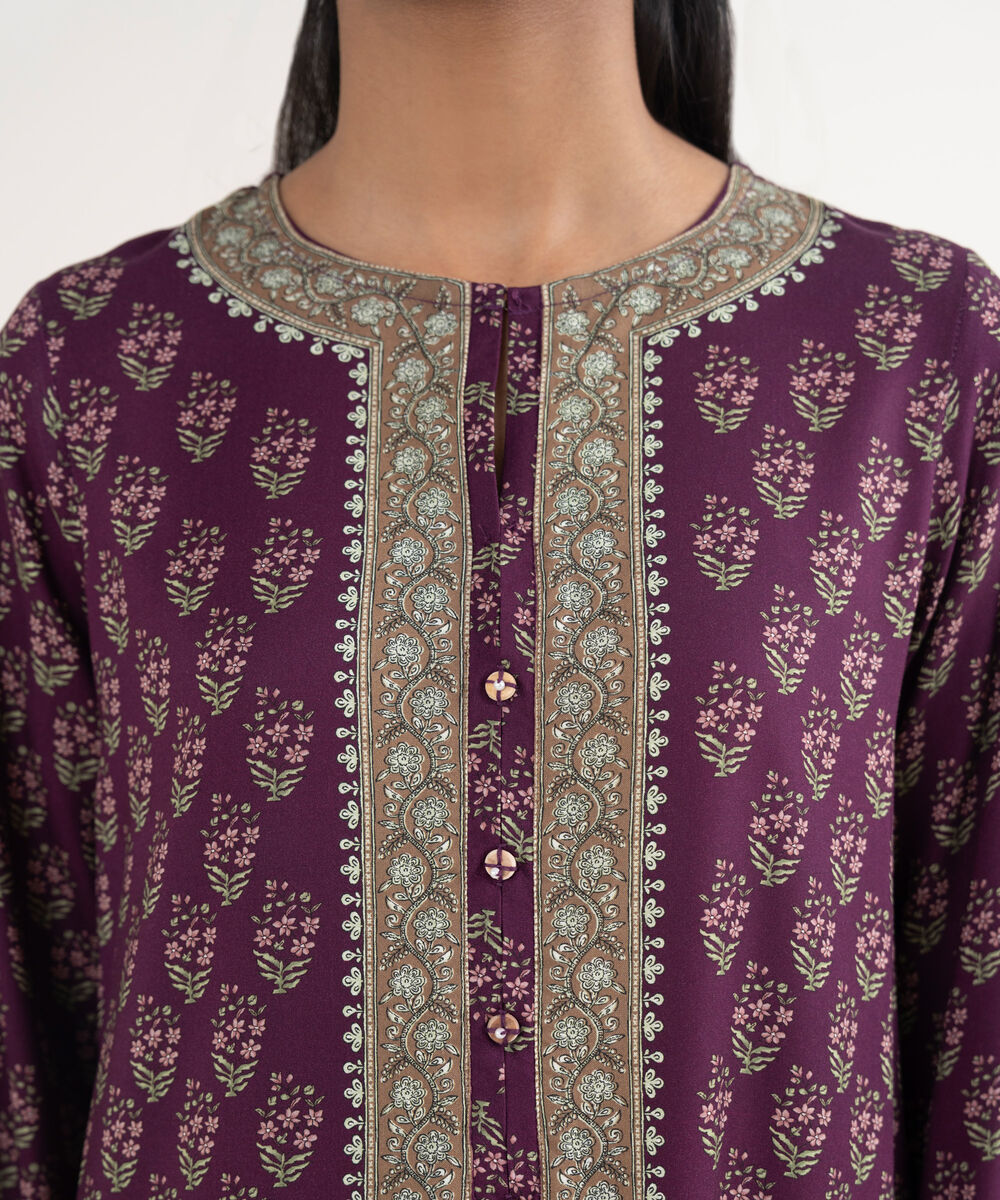 Women's RTW Viscose Linen Printed Purple Straight Shirt