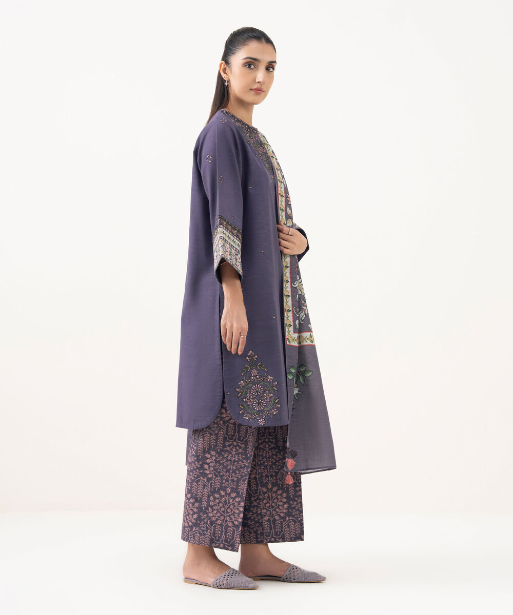 Women's Unstitched Light Khaddar Embroidered Purple 3 Piece Suit