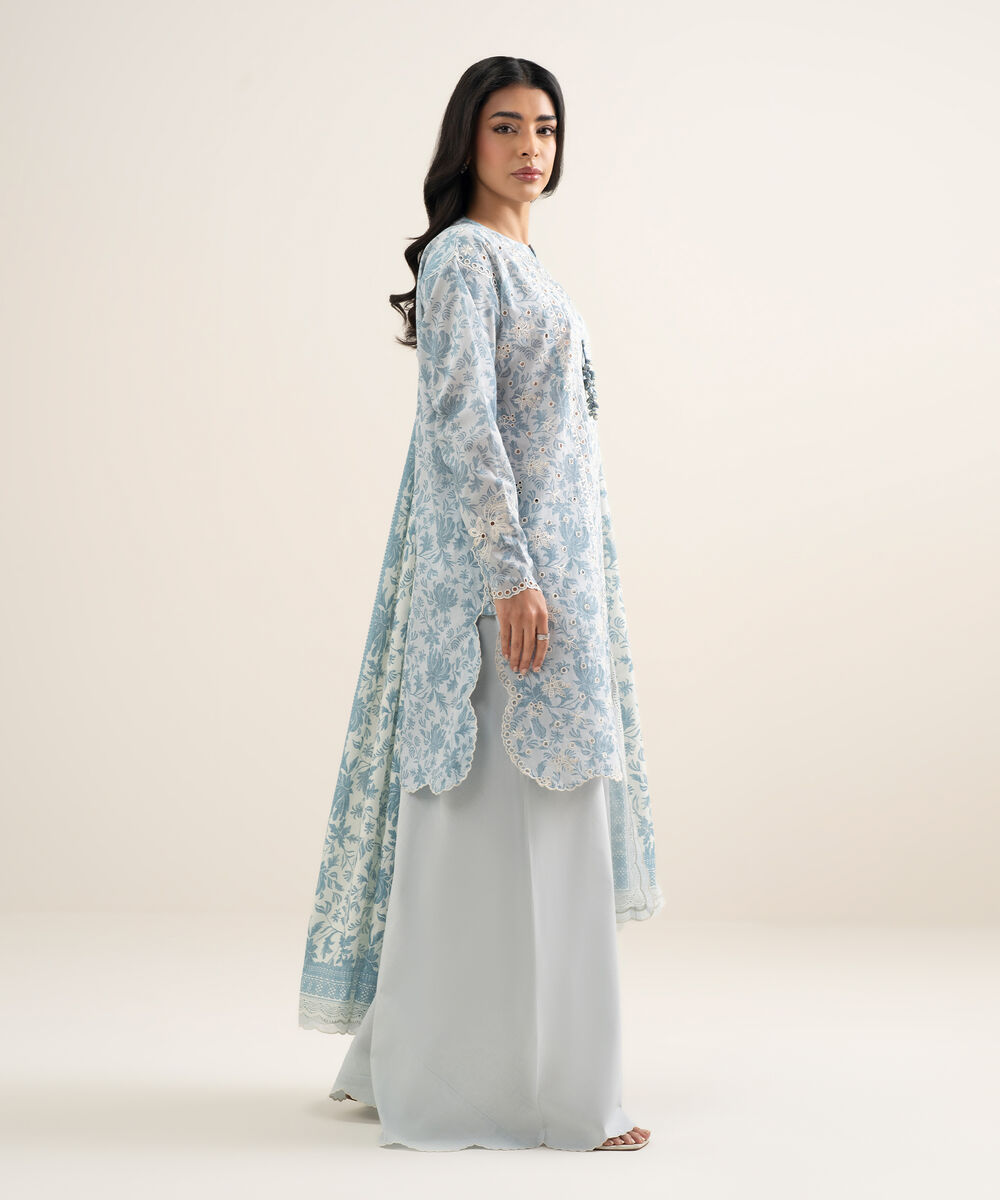 Women's Unstitched Lawn Embroidered ice Blue 3 Piece Suit