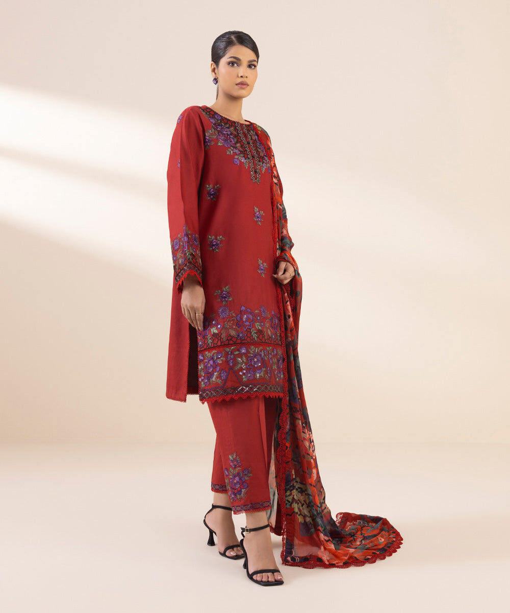 Woman - Red 3 Piece - Embroidered Cotton Satin Suit