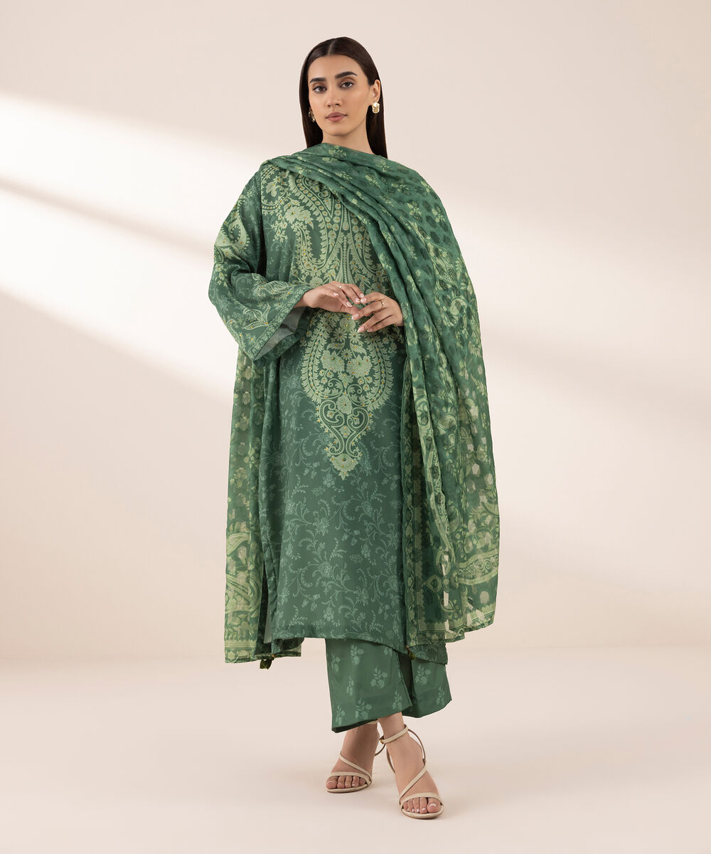 Women's RTW Blended Grip Green Printed Three Piece Suit