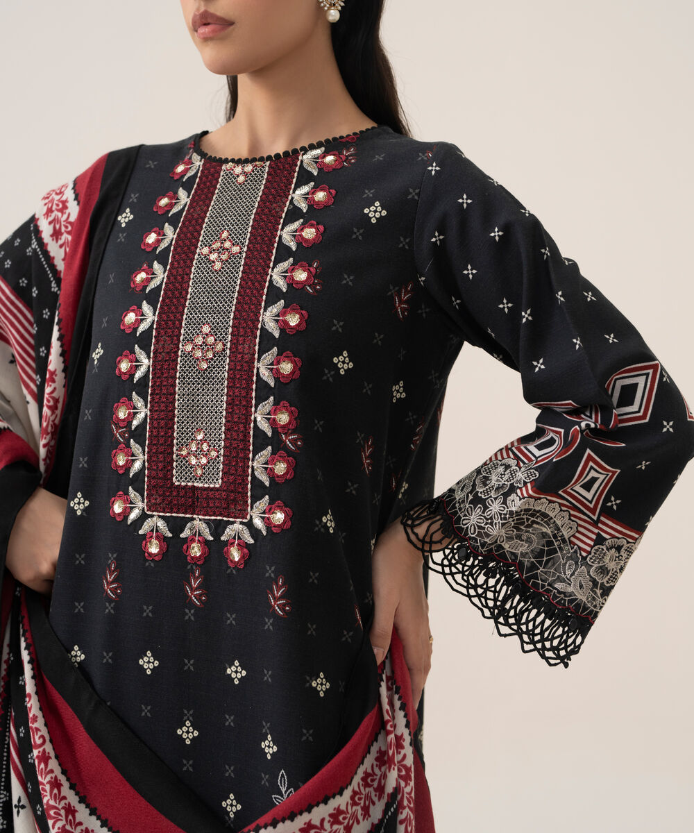 Women's Unstitched Cotton Printed Black 3 Piece Suit