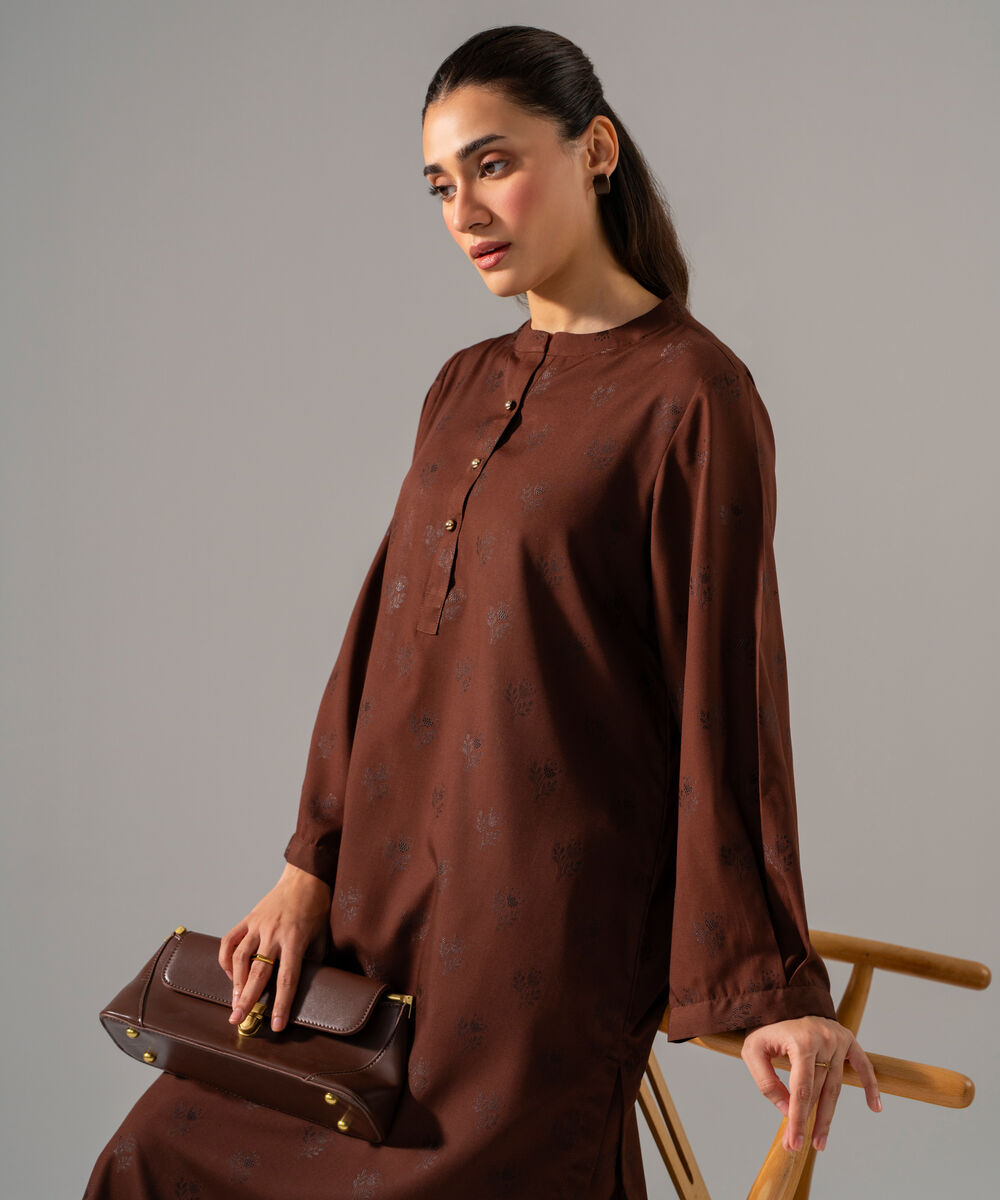 Women's RTW Poly Viscose Jacquard Solid Brown 2 Piece Suit