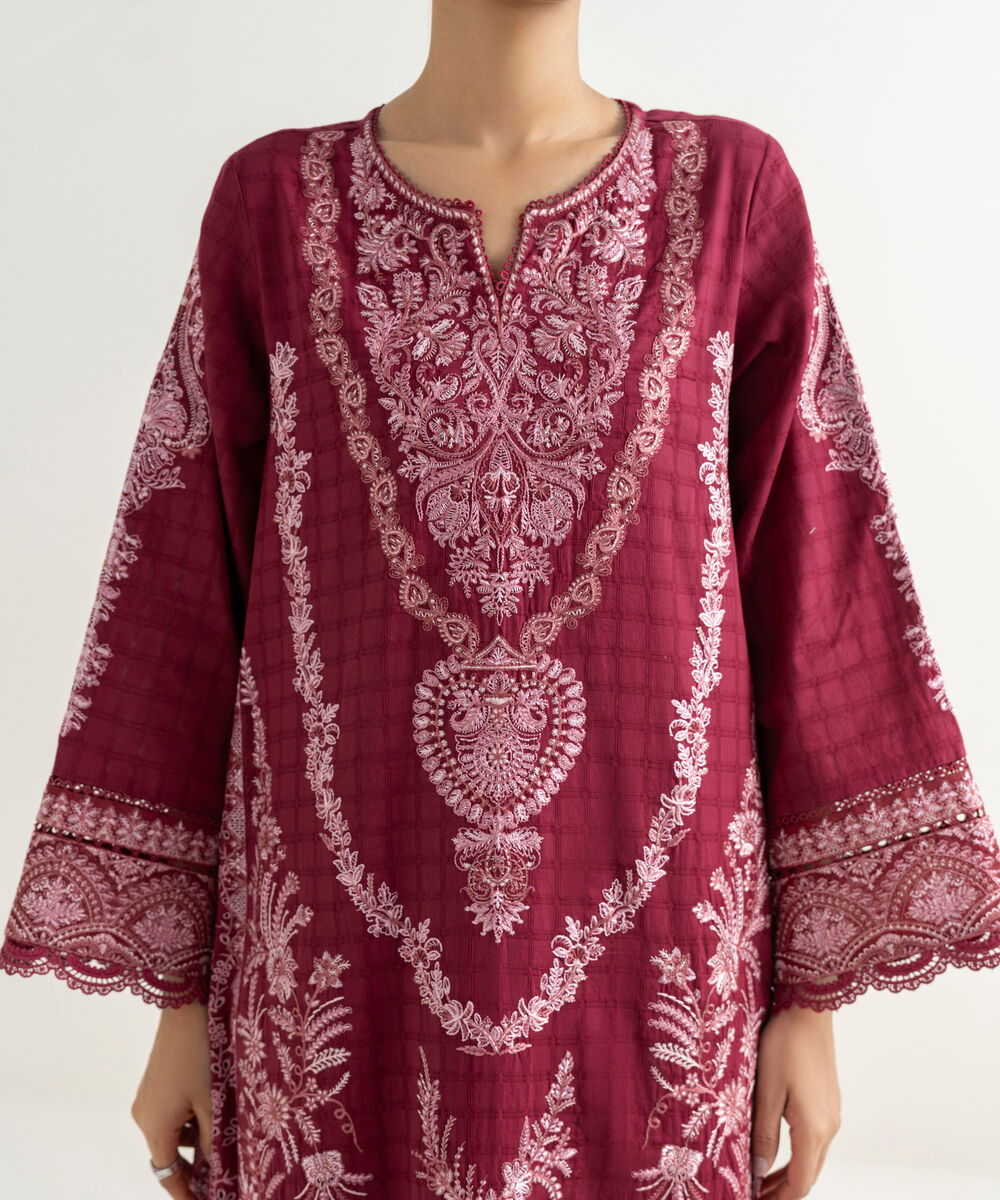 Women's RTW Textured Cotton Red Embroidered A-Line Shirt