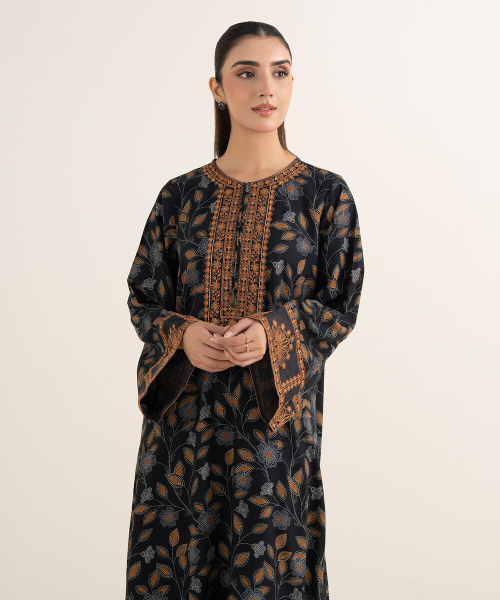 Women's RTW Cotton Embroidered Black A-Line Shirt