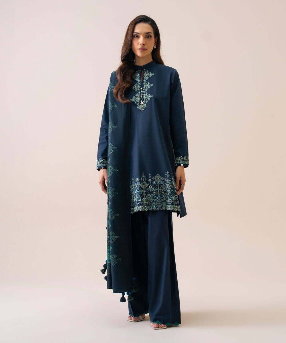 Women's Unstitched Light Khaddar Embroidered Dark Blue 3 Piece Suit