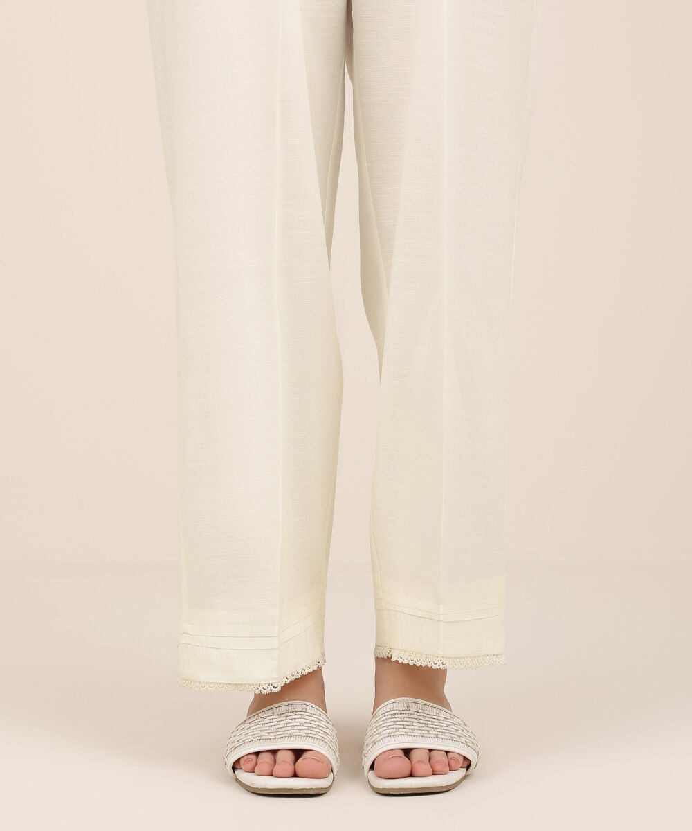 Women's RTW Cambric Off White Solid Straight Pants