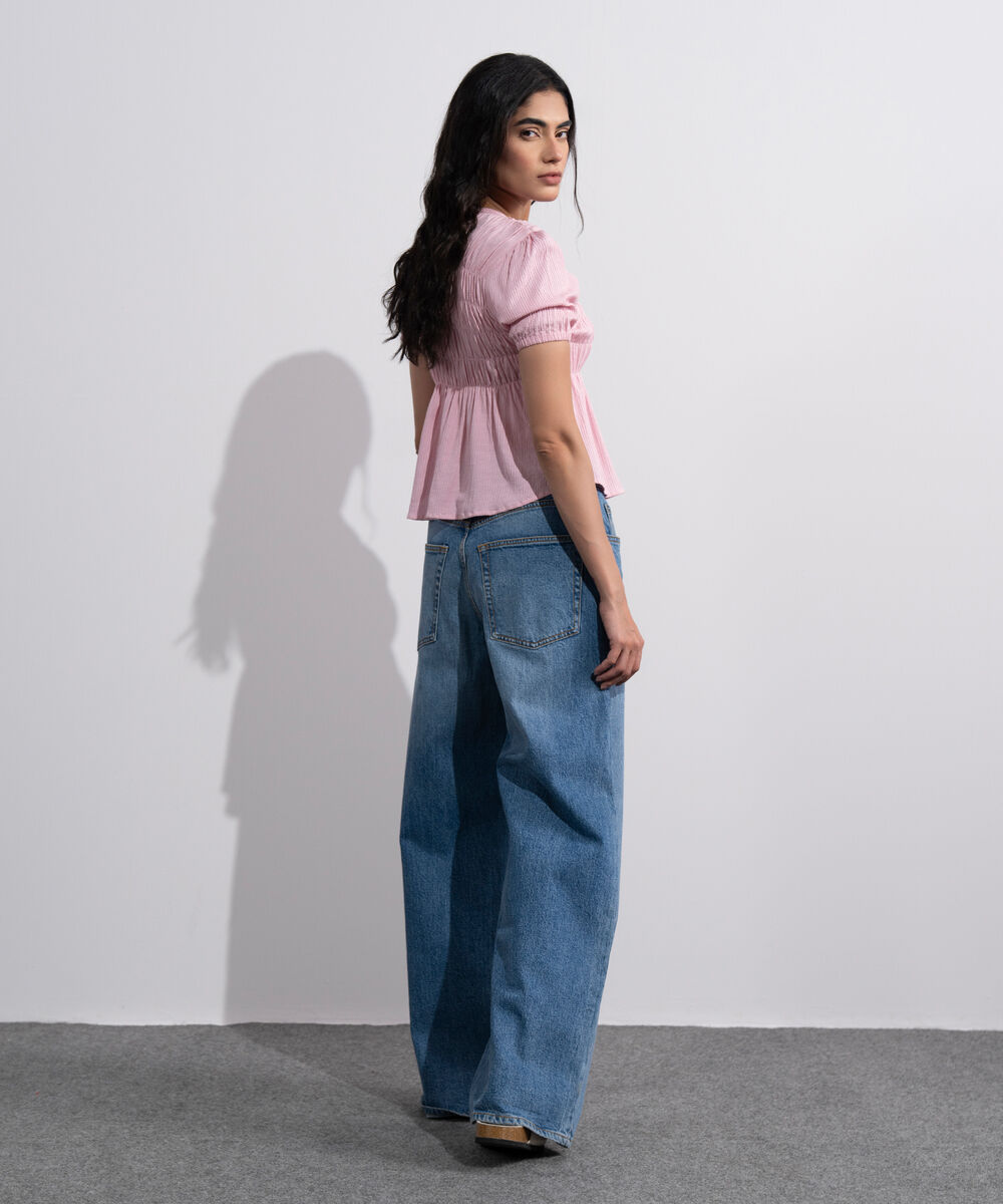 Women's Pink  Smocked Seersucker Blouse