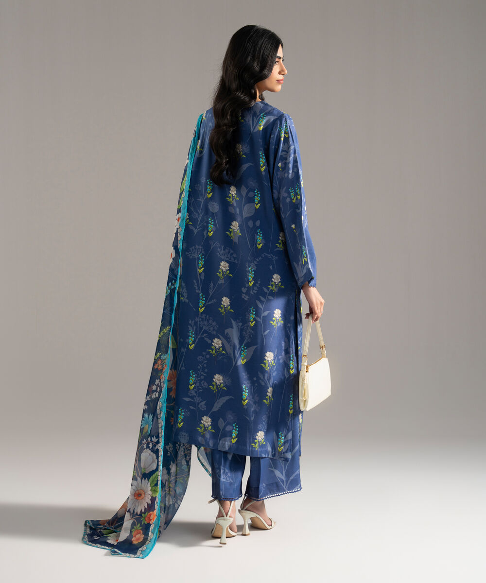 Women's RTW Viscose Raw Silk Printed Blue 3 Piece Suit