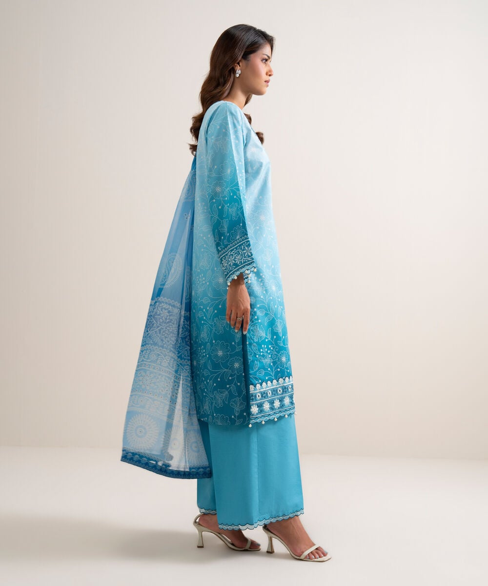 Women's Unstitched Lawn Embroidered Blue  3 Piece Suit