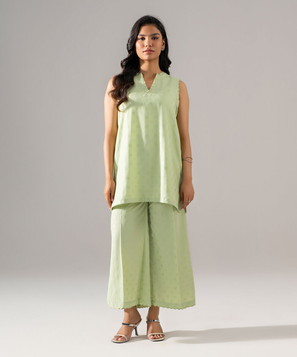 Women's RTW PV Jacquard Solid Mint Green Straight Shirt