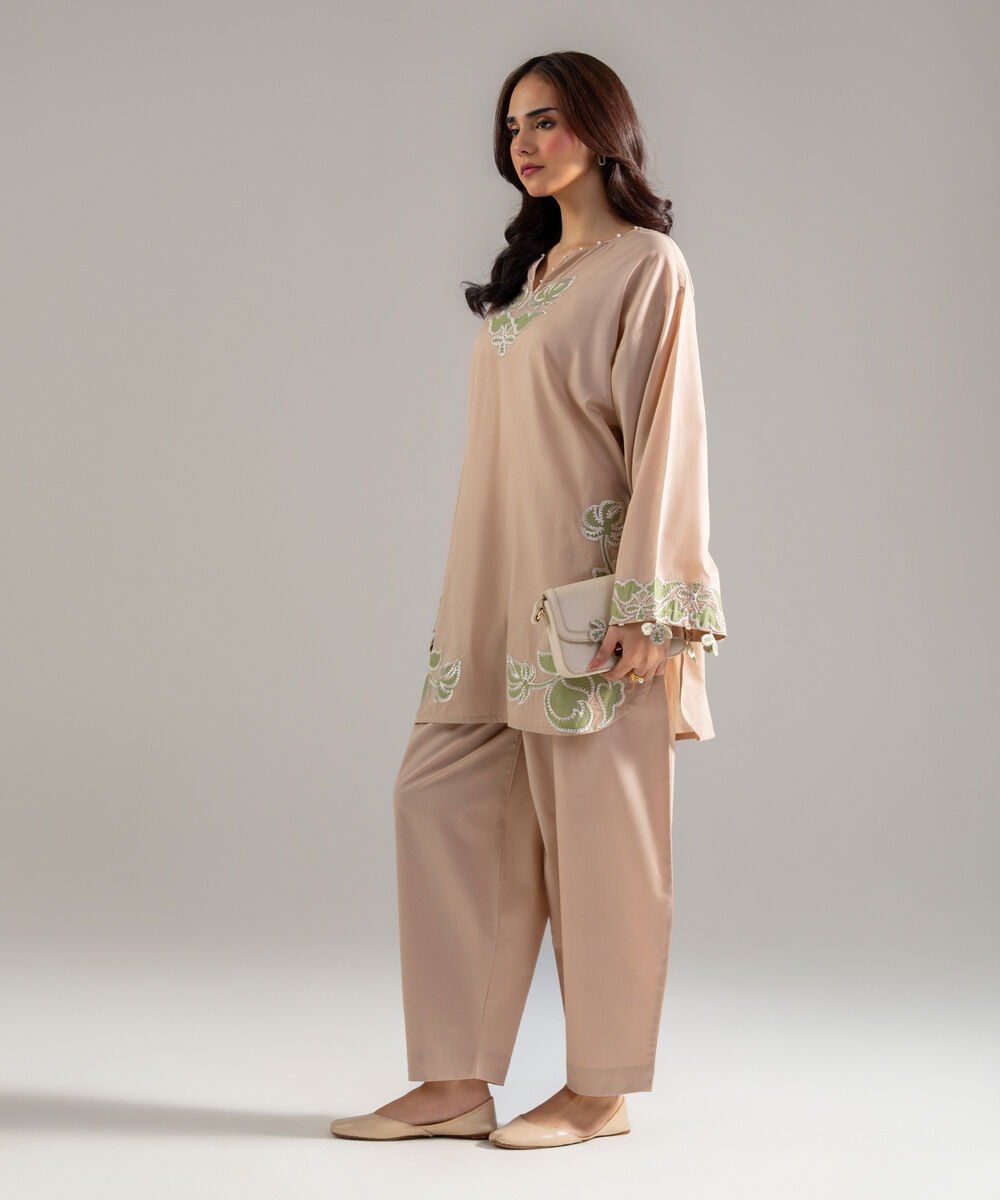 Women's RTW Lawn Solid Embroidered Beige 2 Piece Suit