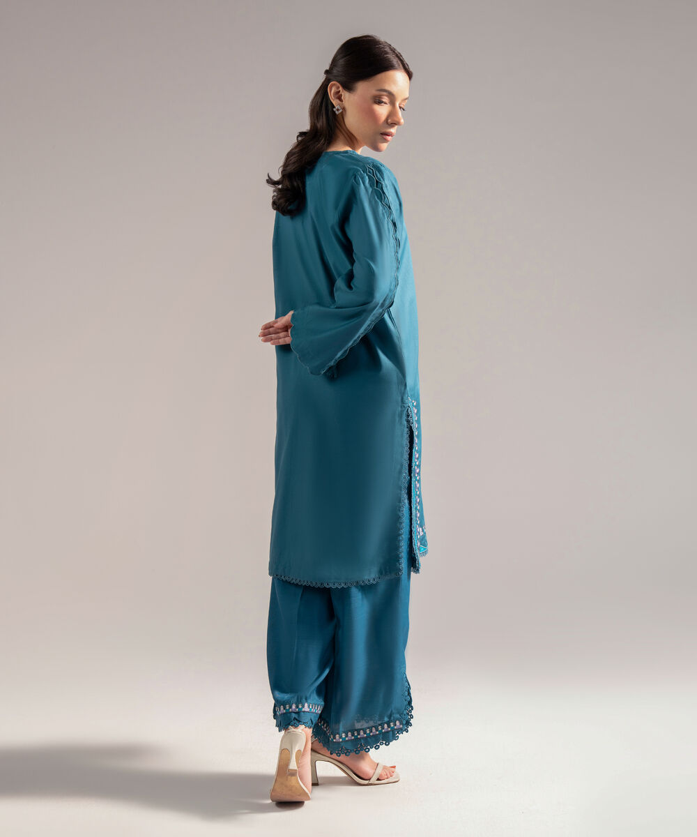 Women's RTW Cotton Satin Embroidered Teal 2 Piece Suit