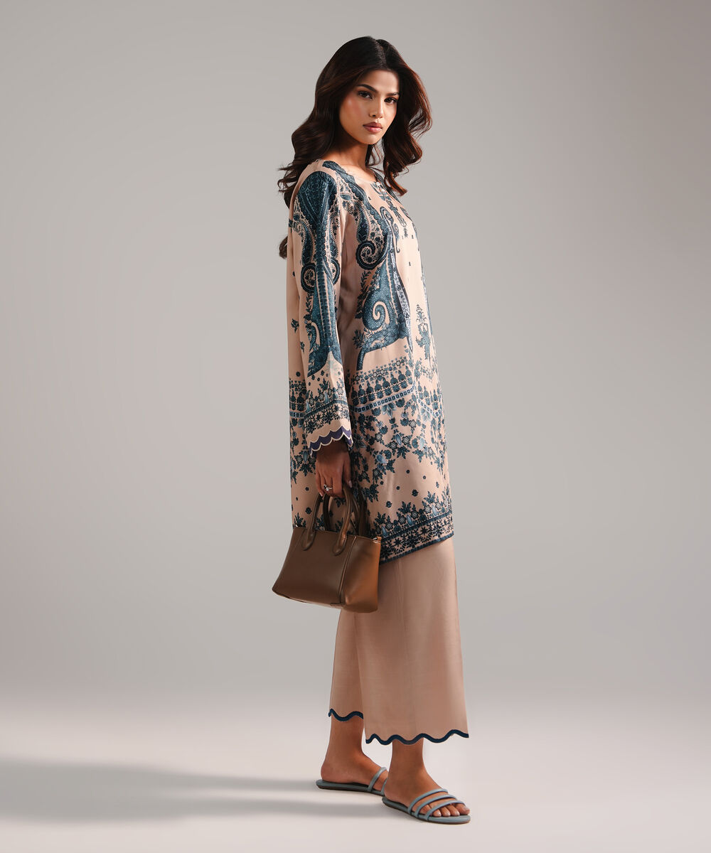 Women's RTW Satin Viscose Embroidered Beige 2 Piece Suit