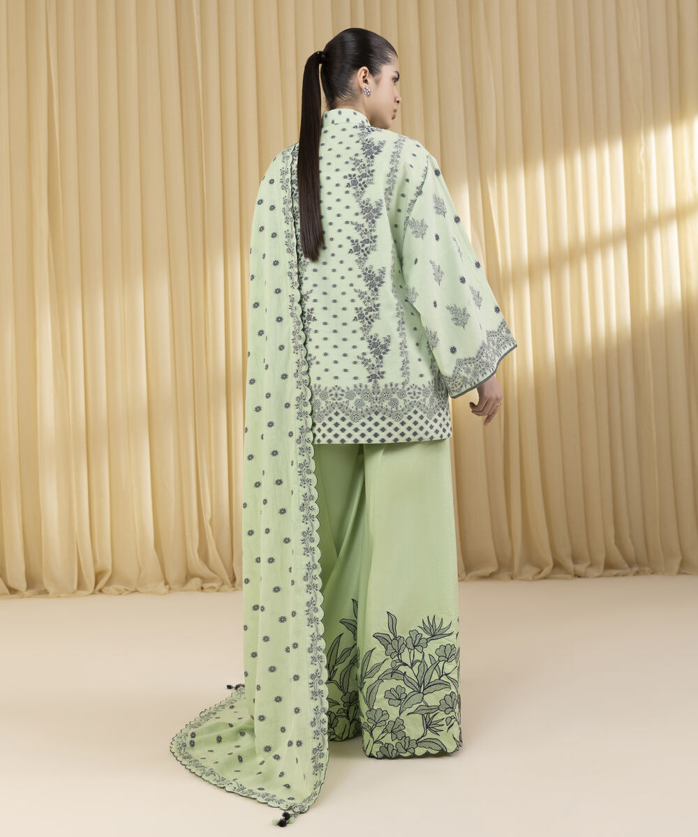 Unstitched Women's Green Extra Weft Jacquard 3 Piece Suit