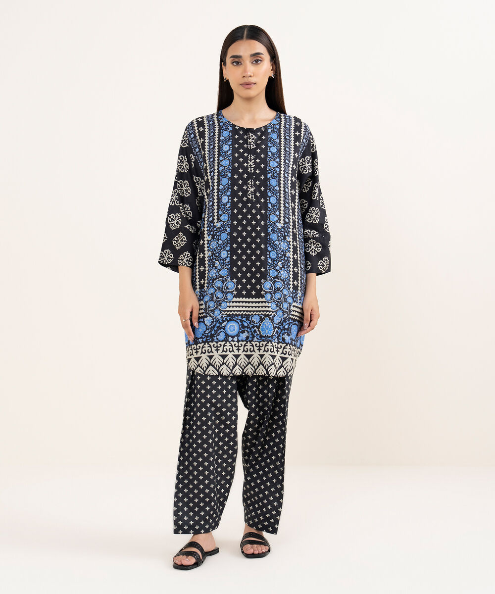 Women's RTW Arabic Lawn Black Printed Drop Shoulder Shirt
