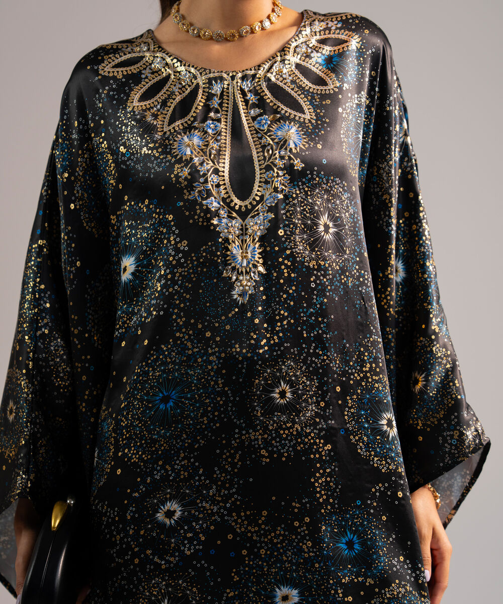 Women's RTW Blended Satin Printed Black 2 Piece Suit