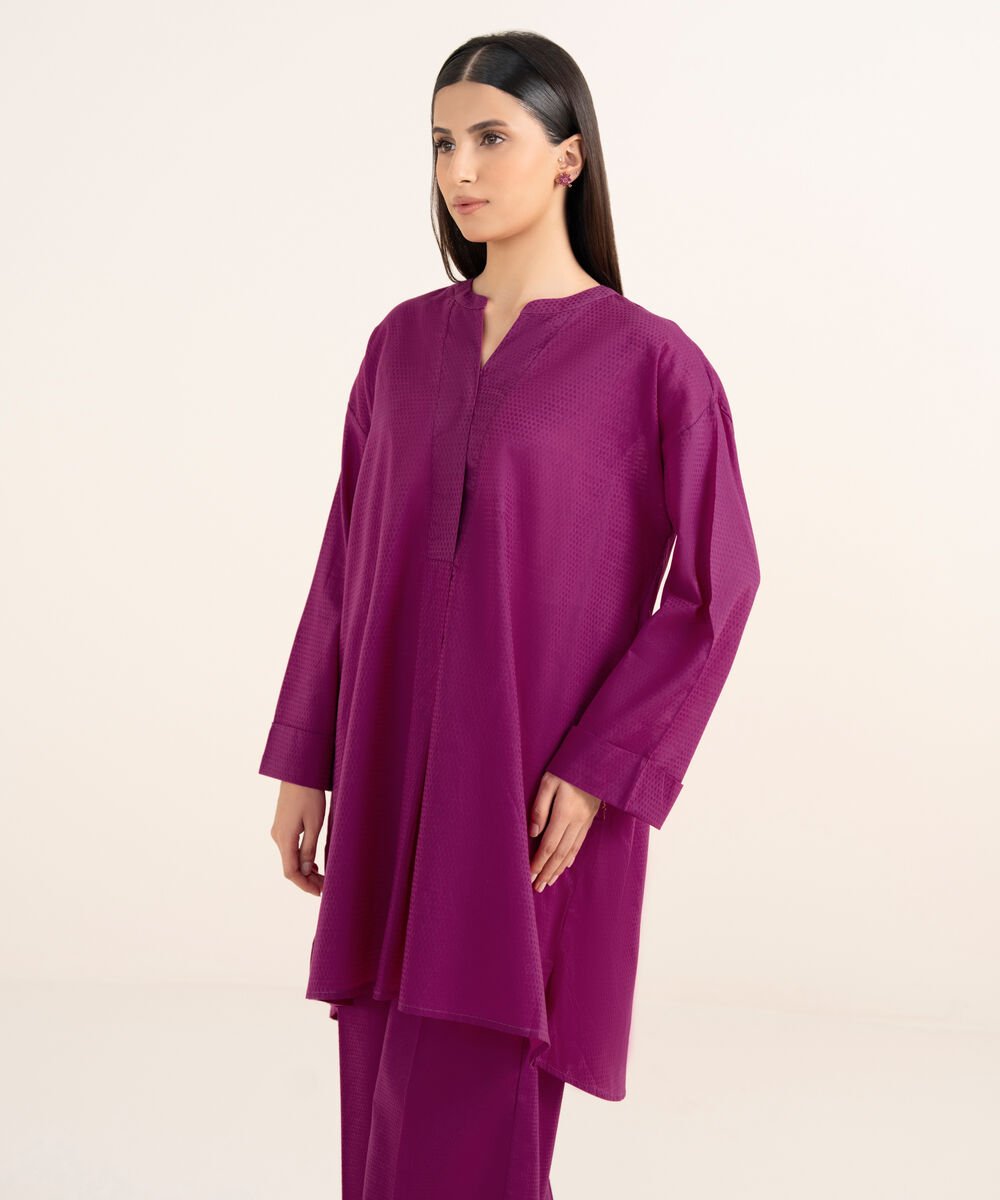 Women's RTW Textured Lawn Pink Solid Drop Shoulder Shirt