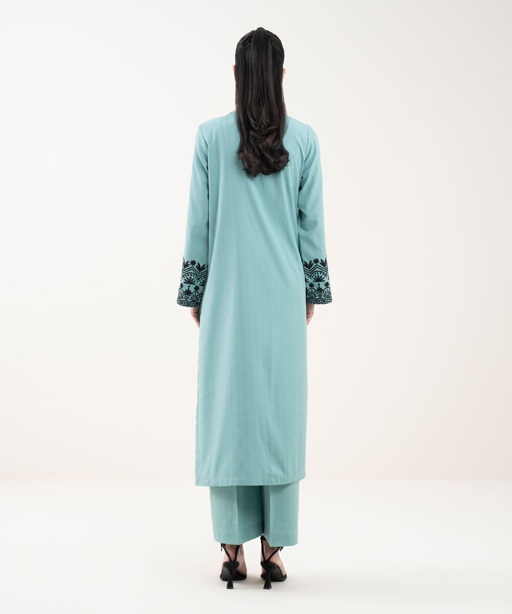 Women's RTW Cotton Jacquard Embroidered Blue A-Line Shirt