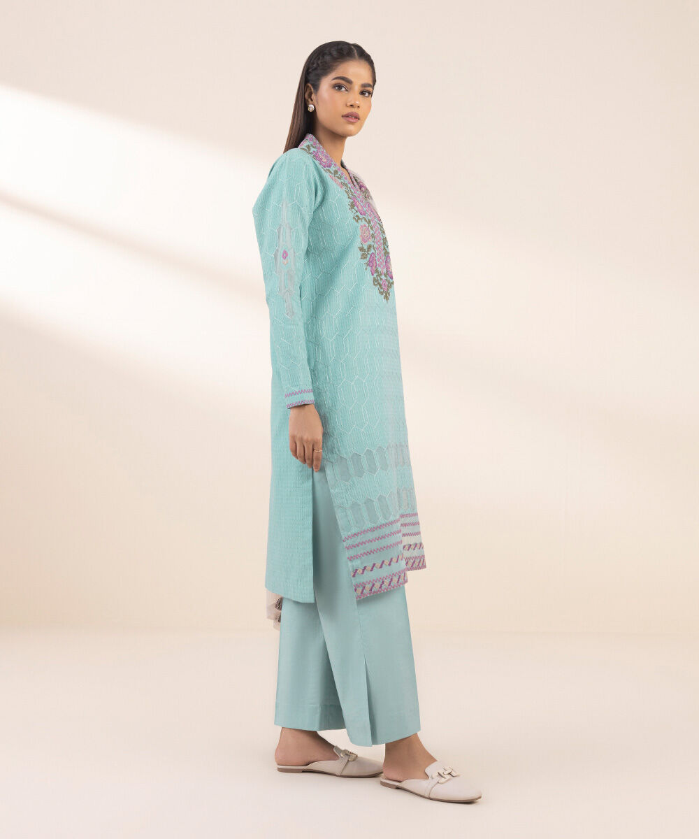 Women's Unstitched Blue Dobby 3 Piece Suit