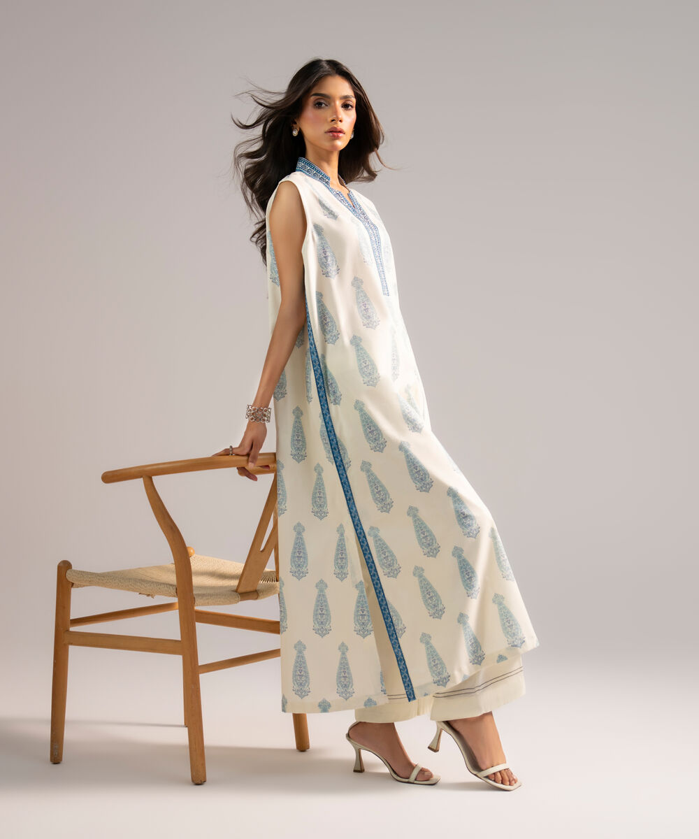 Women's RTW Cotton Viscose Embroidered Off White A-Line Shirt
