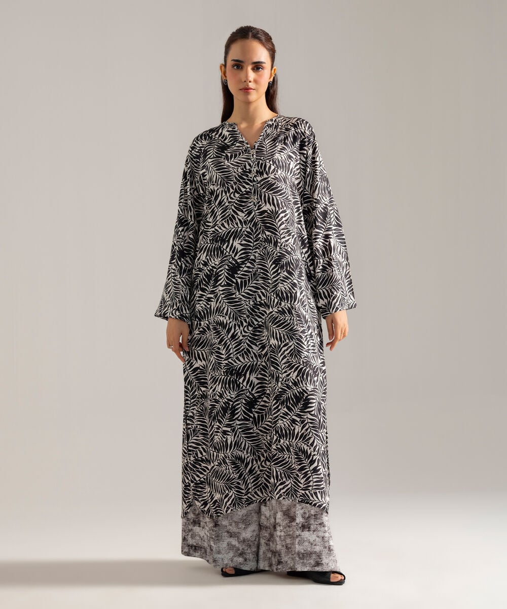 Women's RTW Printed Black Viscose Linen 2 Piece Suit