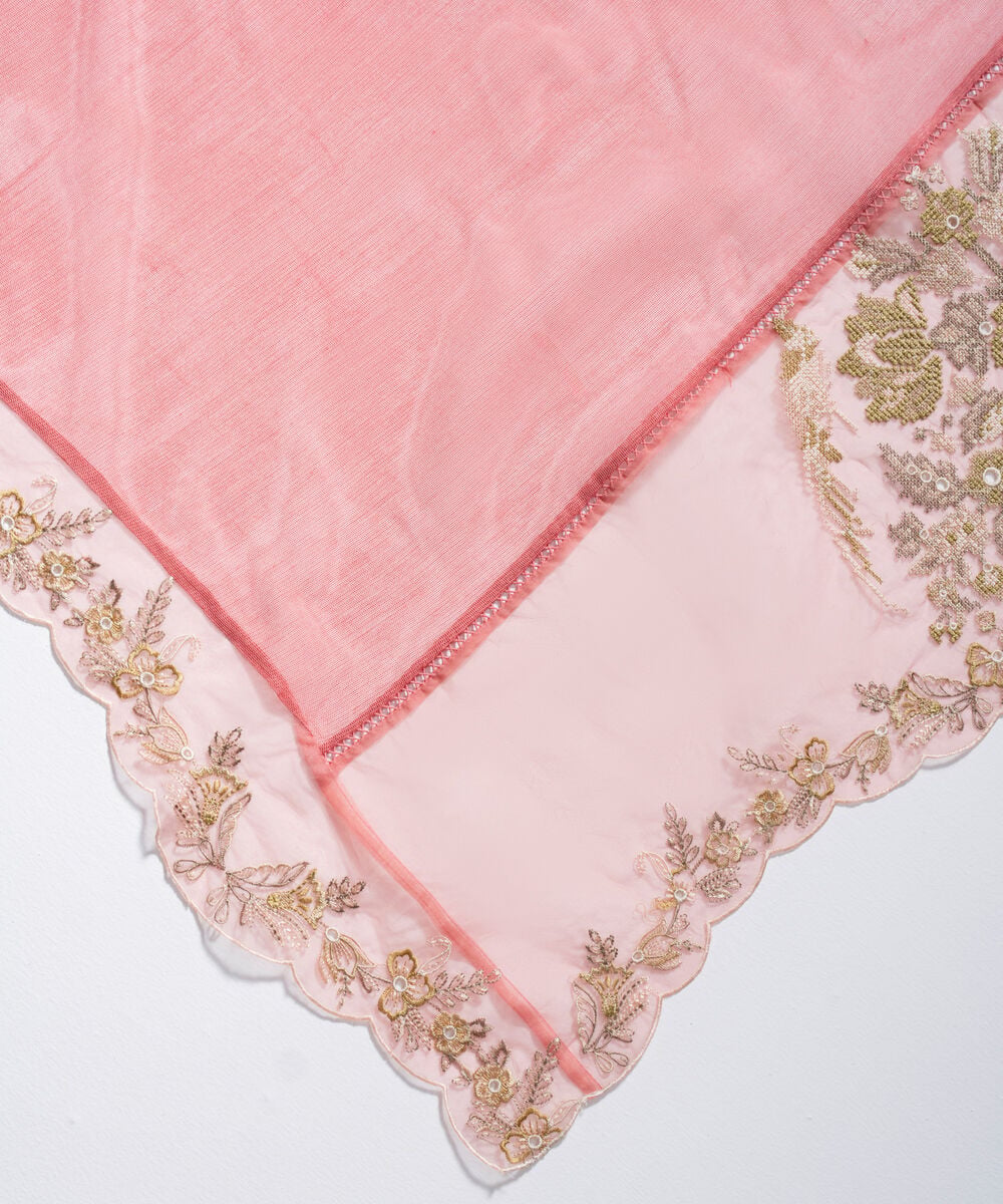 Khaddi Net Embroidered Pink Dupatta