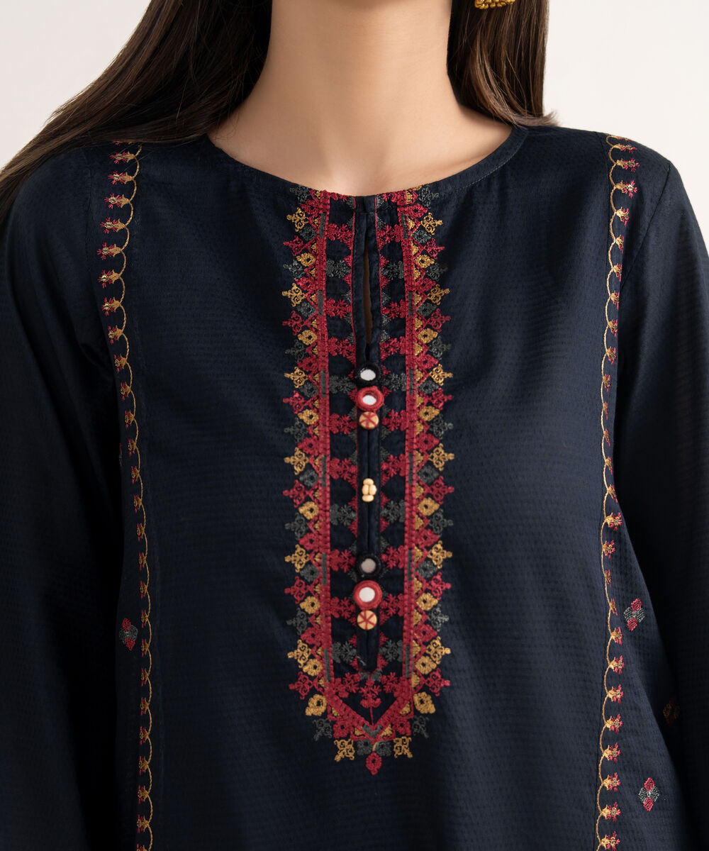 Women's RTW Textured Cotton Black Embroidered A-Line Shirt