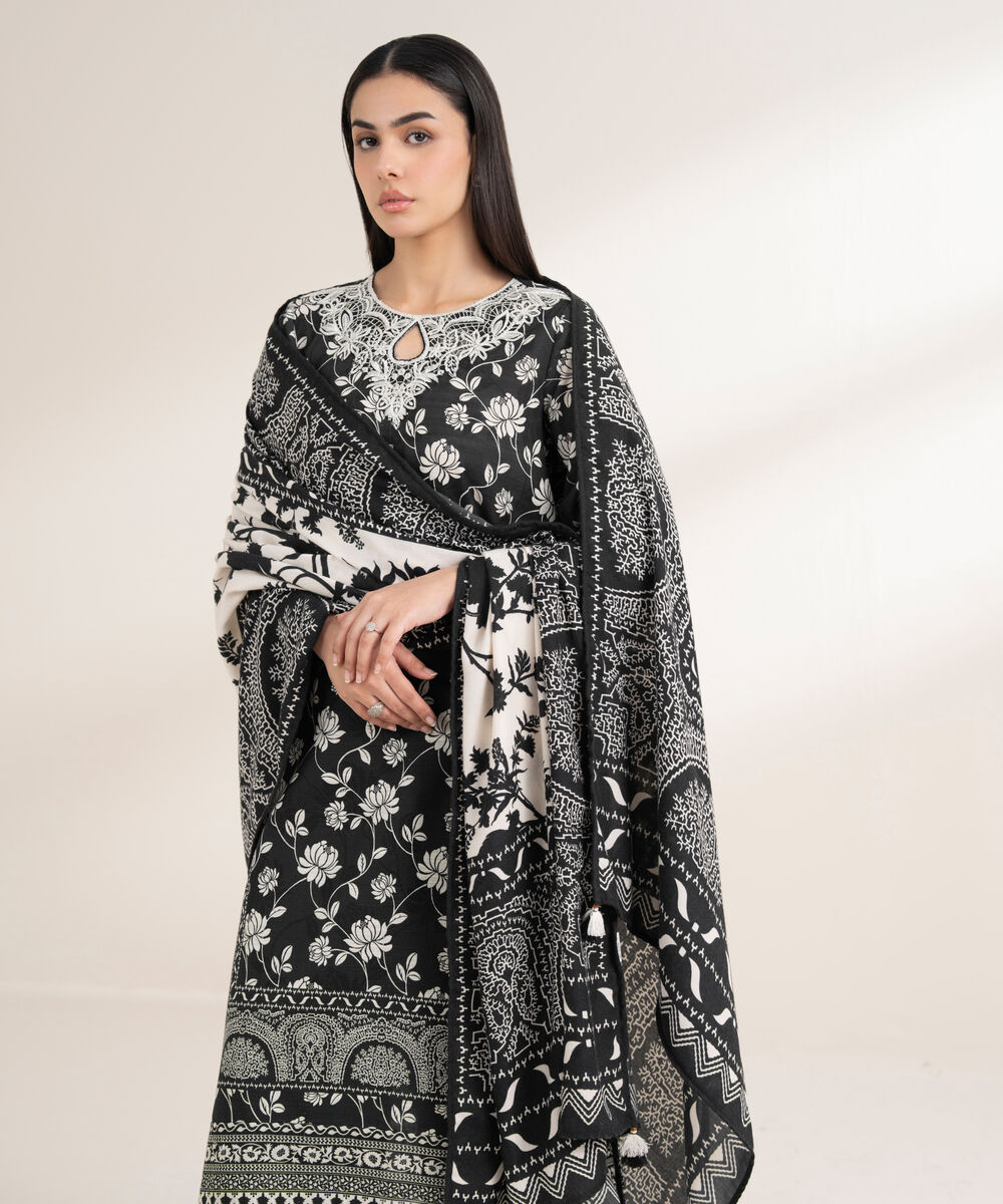 Women's RTW Khaddar Embroidered Black 3 Piece Suit