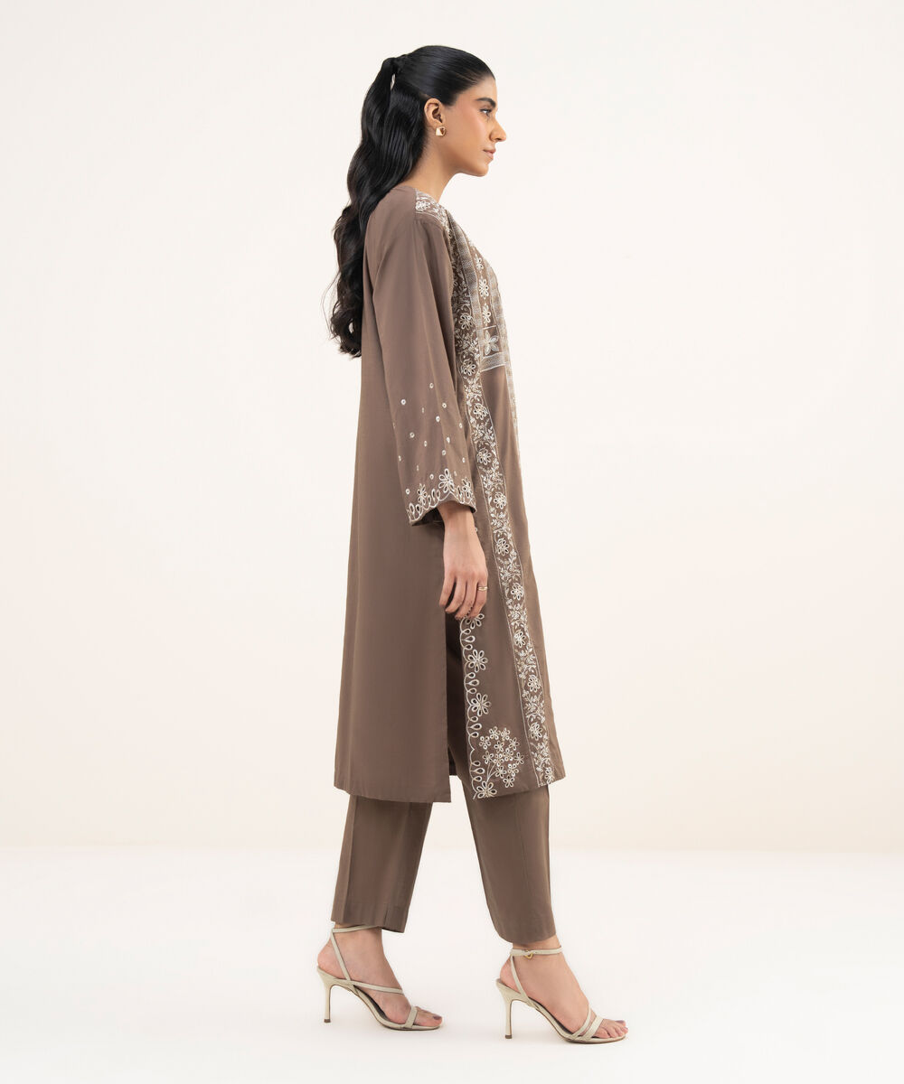 Women's RTW Cross Hatch Brown Embroidered A-Line Shirt