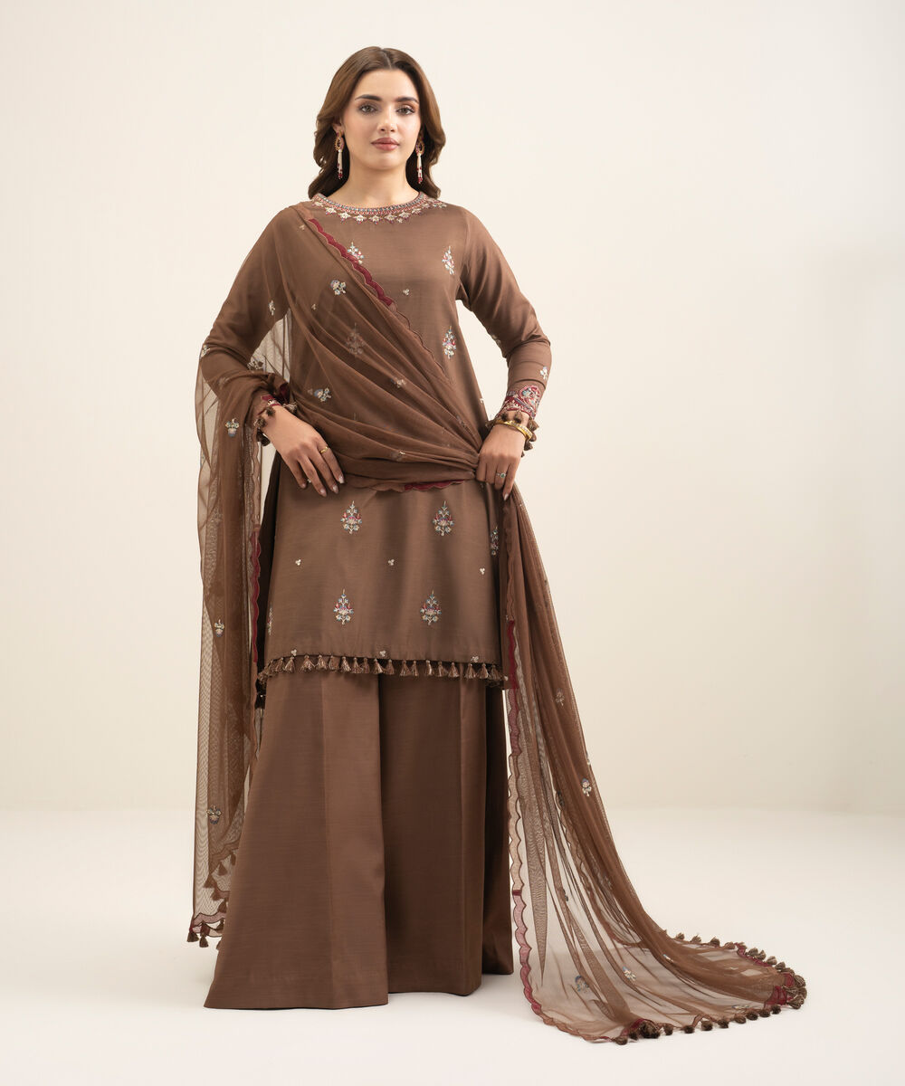 Women's Unstitched Viscose Raw Silk Embroidered Brown 3 Piece Suit