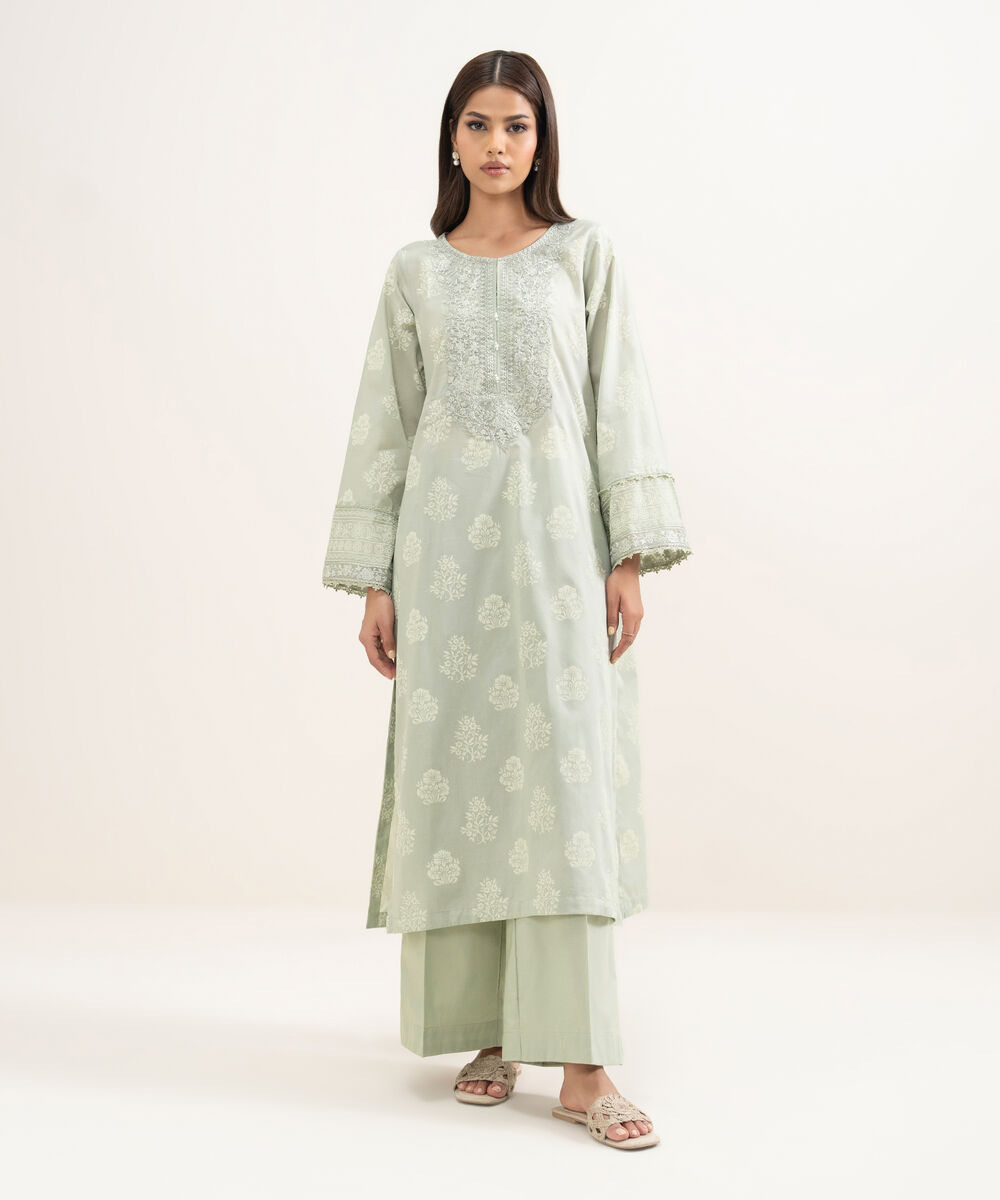 Women's RTW Lawn Embroidered Mint Green A-Line Shirt