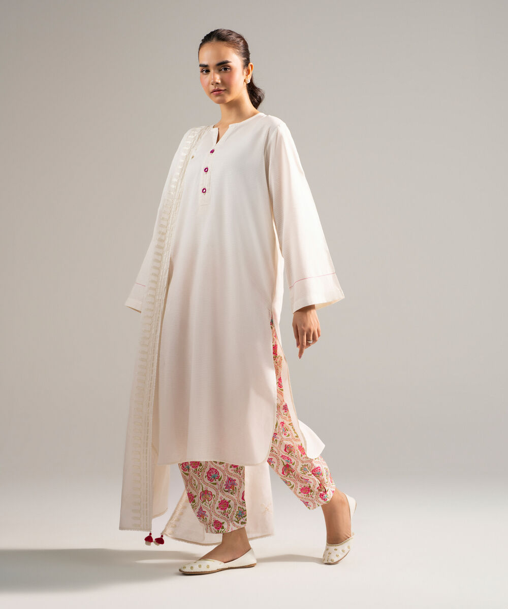Women's RTW Dobby Solid Off White 3 Piece Suit