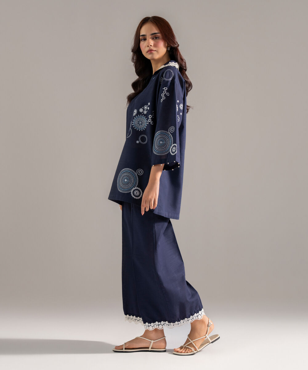 Women's RTW Khaddar Solid Embroidered Blue Drop Shoulder Shirt