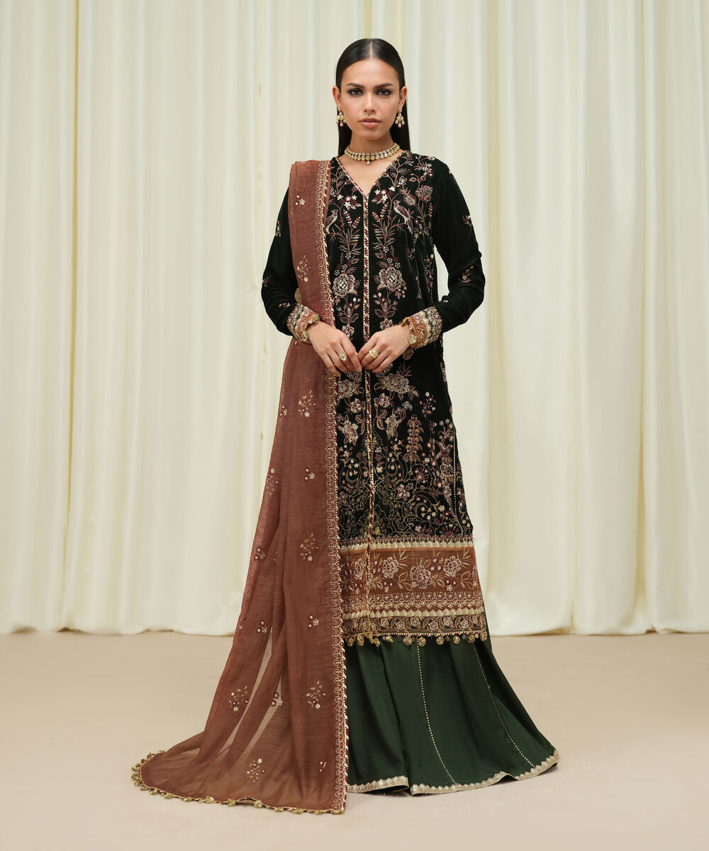 Women's Unstitched Velvet Embroidered Green 3 Piece Suit