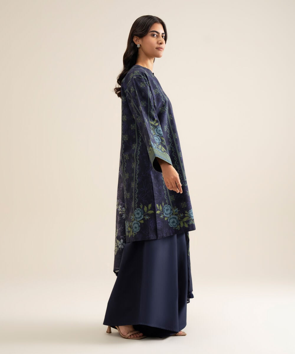 Women's Unstitched Cotton Printed Blue 3 Piece Suit