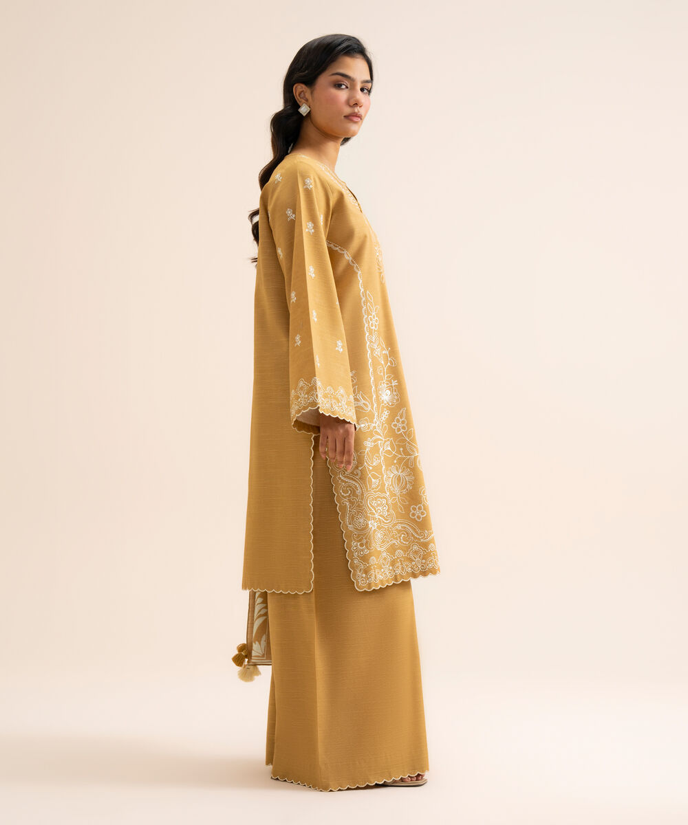 Women's Unstitched Light Khaddar Embroidered Mustard 3 Piece Suit