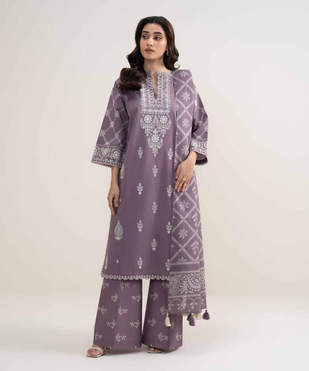 Women's Unstitched Dobby Embroidered Purple 3 Piece Suit