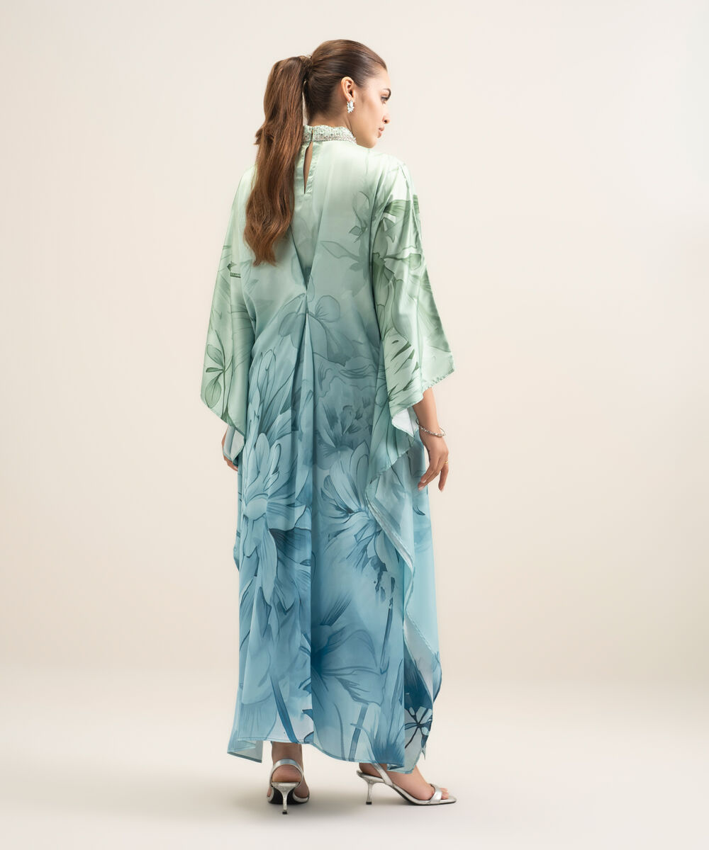 Women's RTW Blended Satin Printed Blue 2 Piece Suit